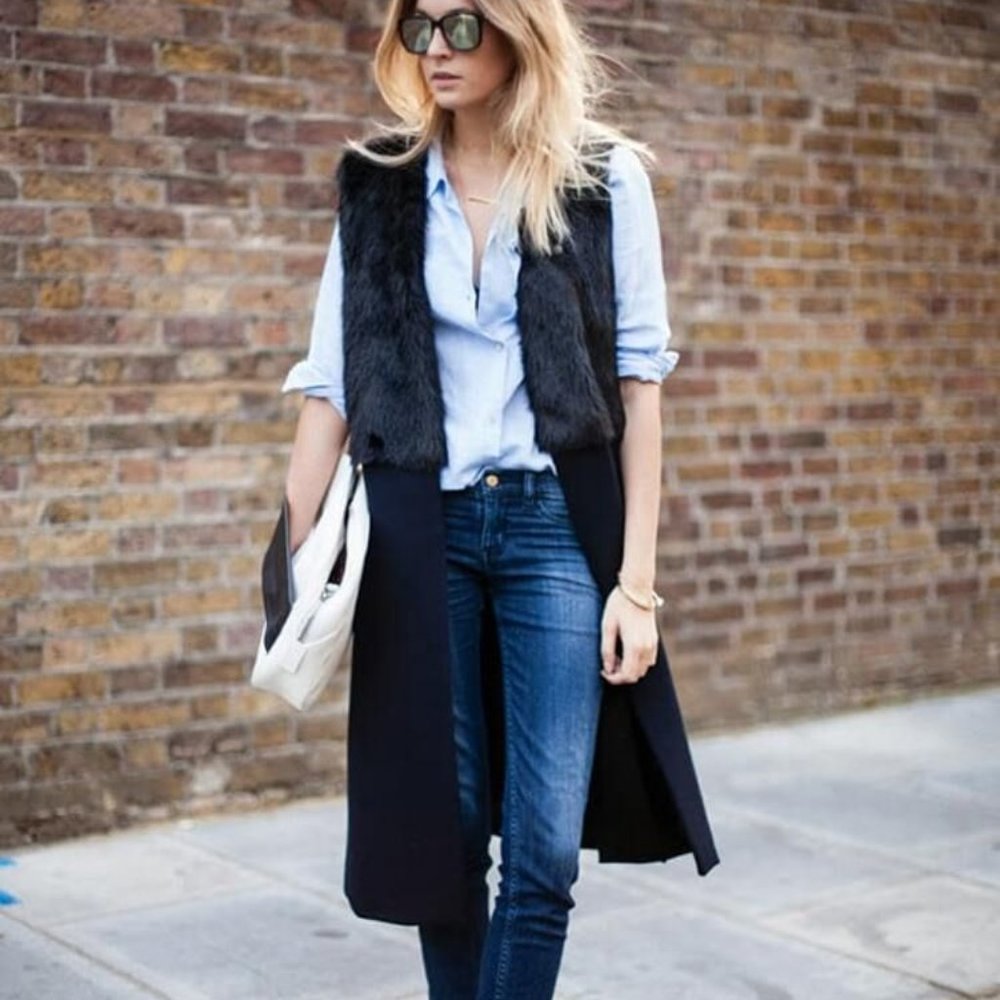 Zara Navy Sleeveless Wool & Faux Fur Waistcoat - S